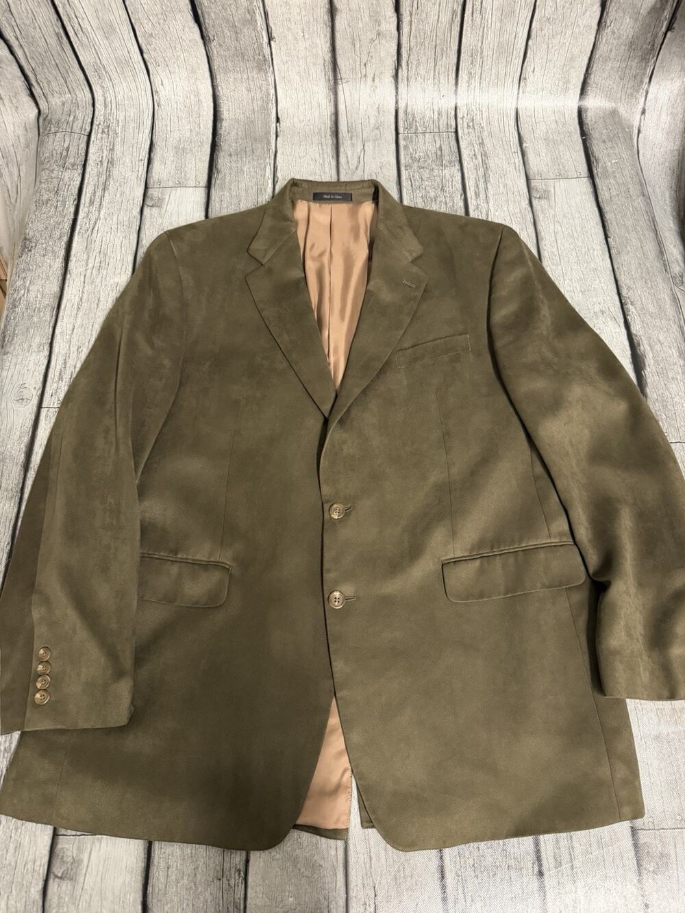 Men’s Chaps Faux Suede Sports Coat Blazer 46L Olive Green Lined Jacket